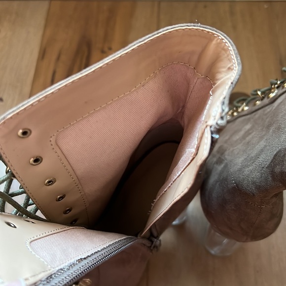 6.5 tan peep toe, lace up booties with clear heel and gold detail NWOT. - Picture 6 of 6